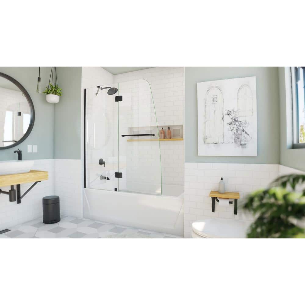 Aqua 48" Matte Black Frameless Hinged Tub Door with Clear Glass