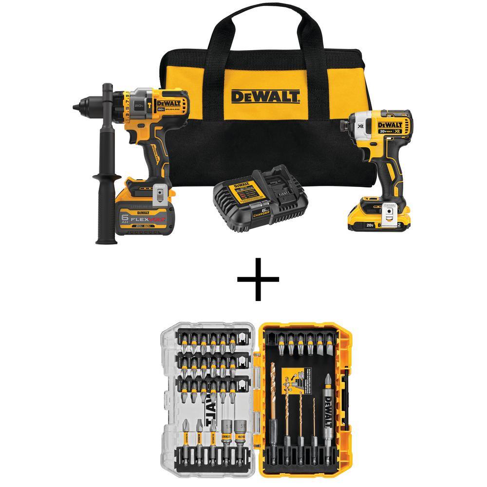 DEWALT 20V MAX Cordless Brushless Hammer Drill/Driver Combo Kit with FLEXVOLT and MAXFIT Screwdriving Set (35 Piece) -  DCK2100D1TWMF35