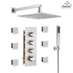 LED Thermostatic 3-Spray Patterns 12 in. Wall Mount Rain Dual Shower Heads with 1.8 GPM 6-Jet in Brushed Nickel