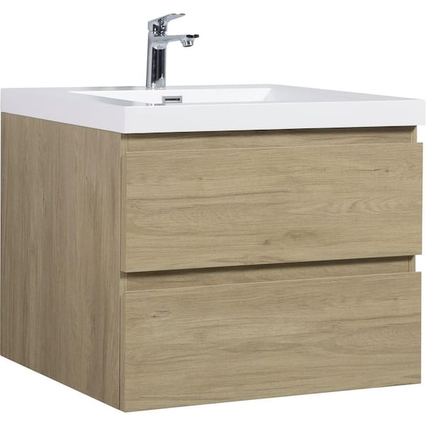 Espace 29.5 in. Modern Wall-Mounted Floating Natural Oak Bath Vanity with White Resin Top, Drawers