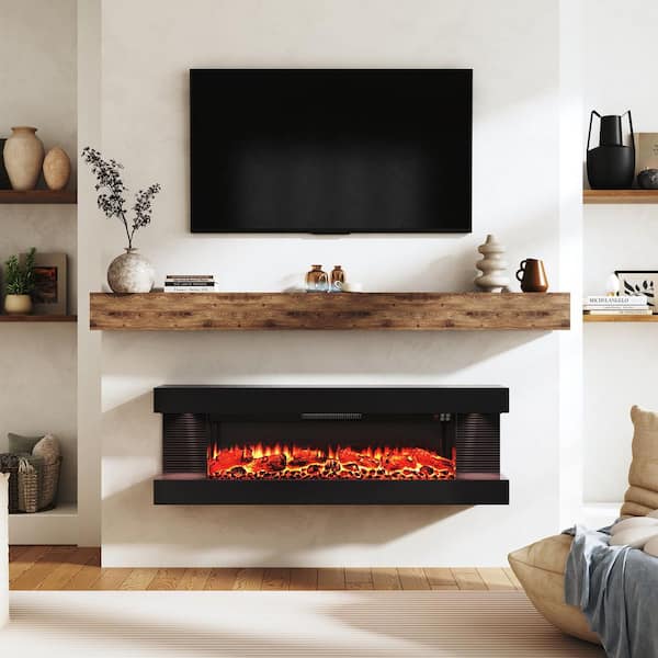 50 in. 3-Sided Wall-Mounted Metal Electric Fireplace with Mantel, LED Flame, Side Ambient Lights, Remote, Timer in Black