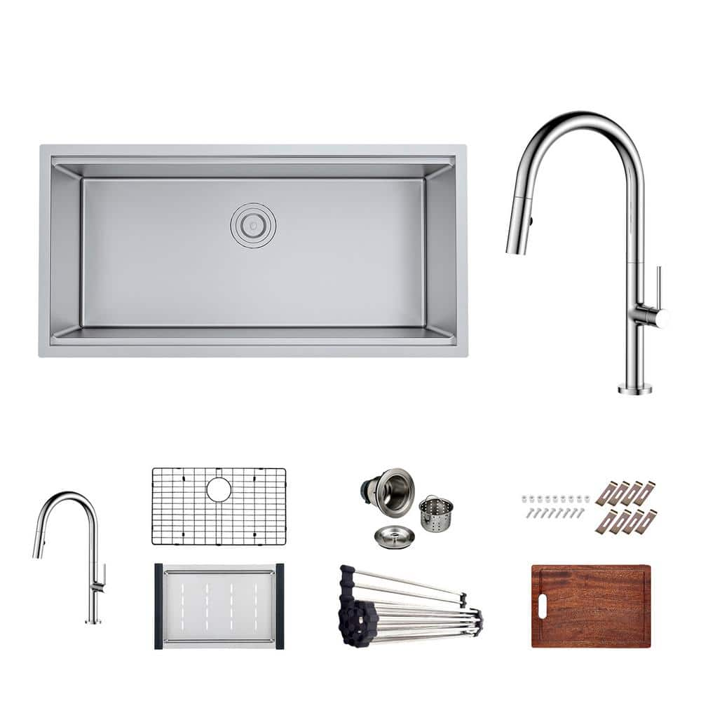 Bryn Stainless Steel 16- Gauge 36 in. Single Bowl Undermount Kitchen Sink Workstation with Modern Faucet, Grid, Drain -  PELHAM & WHITE, PWW161-D