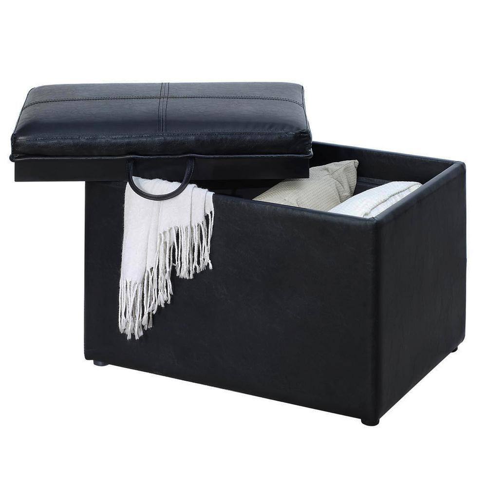 Versatile Black Faux Leather Storage Ottoman with Serving Tray