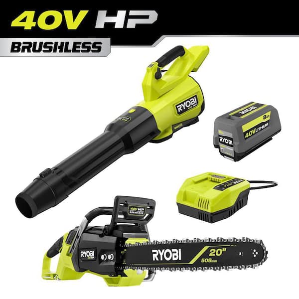 40V HP Brushless Whisper Series 800 CFM Cordless Battery Leaf Blower & 20 in. Chainsaw w/ 8 Ah Battery and Charger