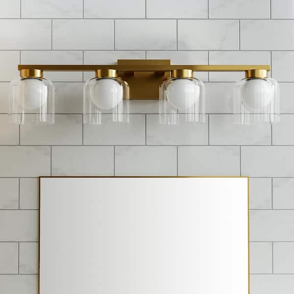 Maxax Austin 28.35 in. 4-Light Classic Brass Integrated LED Adjustable 3 CCT Vanity Light with White and Clear Glass Shade