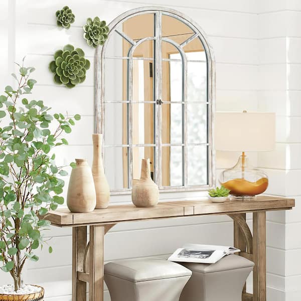 Dovelina 24 in. W x 36 in. H Arched Solid Wood Framed Classic Weathered White Wall Mirror