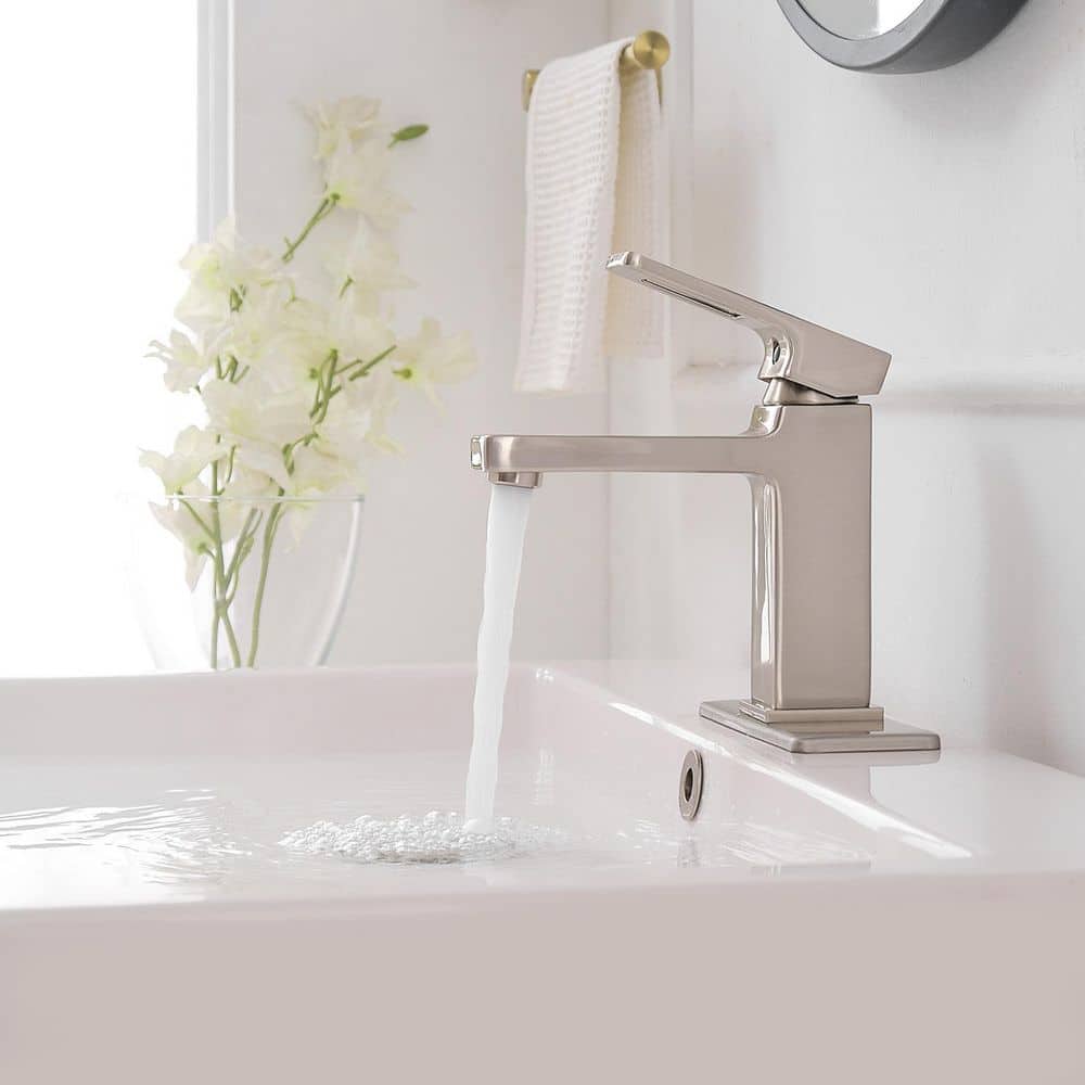 Brushed Nickel Single-Handle Low-Arc Bathroom Faucet with Drain Assembly