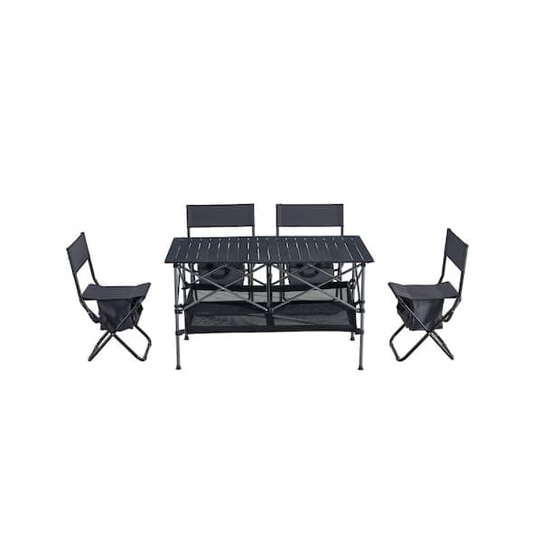 Tunearary 5-Piece 3.8 ft. L x 2.3 ft. W x 2.3 ft. H Outdoor Folding Rectangular Camping Garden Black Table and Chairs Set