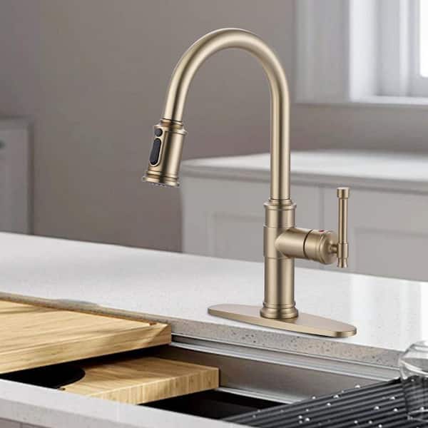 High-Arc Single Handle Pull Down Sprayer Kitchen Faucet Stainless Steel with Power Clean in Brushed Gold
