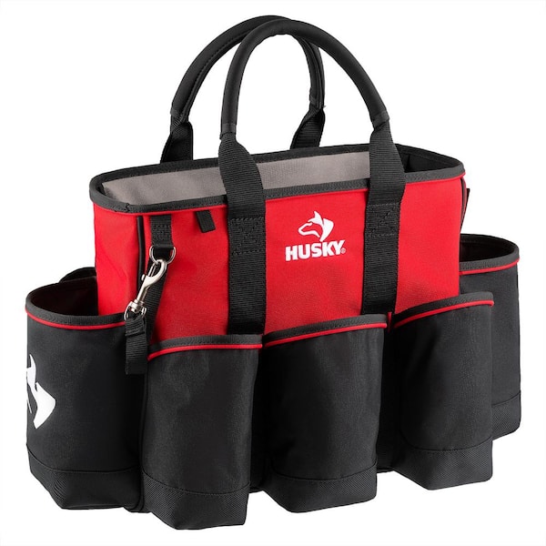 14 in. Wide Mouth Water Resistant Supply Bag with padded handle comfort grips tape strap and 15 total pockets in Red