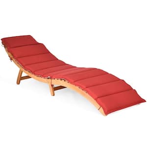 Natural Eucalyptus Wood Outdoor Folding Chaise Lounge with Red/White Cushion