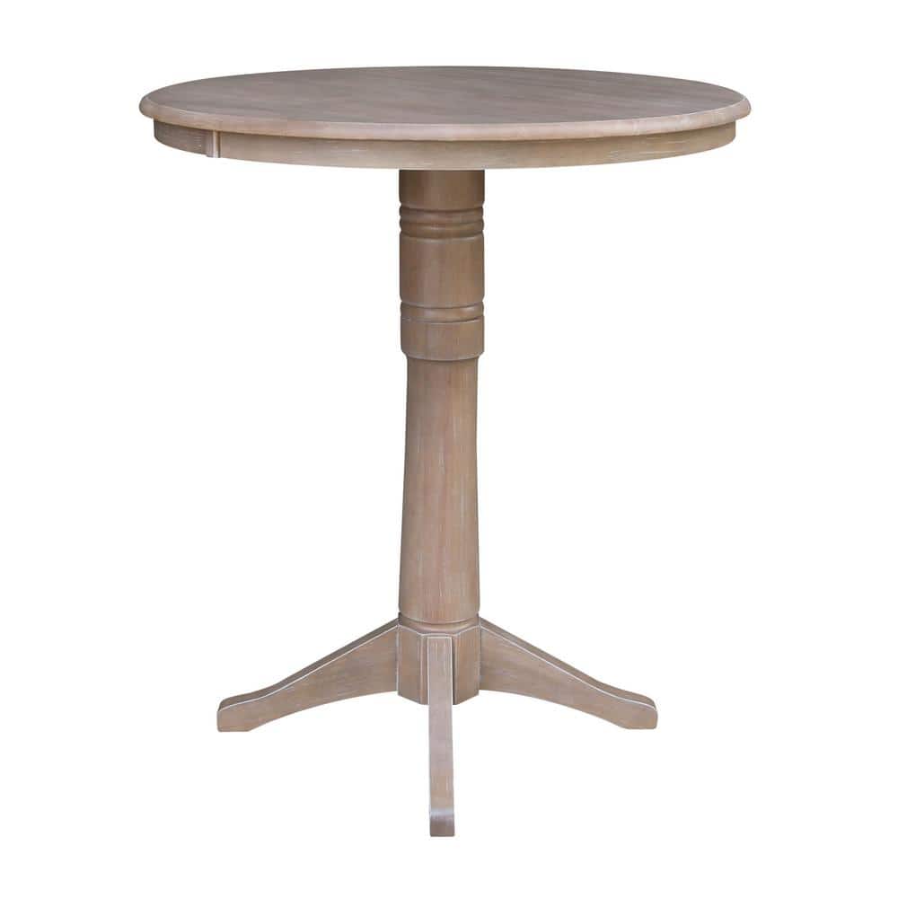 36" Round Washed Gray Solid Wood Bar Height Pedestal Table