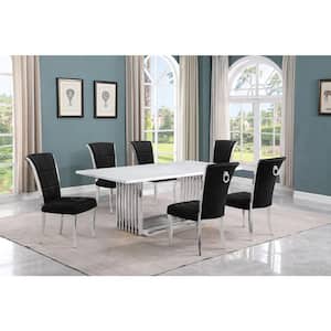 Lisa 7-Piece Rectangle White Marble Top Stainless Steel Base Dining Set With 6-Black Velvet Iron Leg Chairs