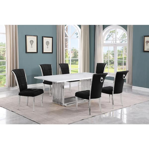 Best Quality Furniture Lisa 7-Piece Rectangle White Marble Top Stainless Steel Base Dining Set With 6-Black Velvet Iron Leg Chairs
