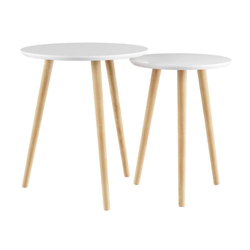 White and Natural Wood Mid-Century Modern Nesting End Tables Set