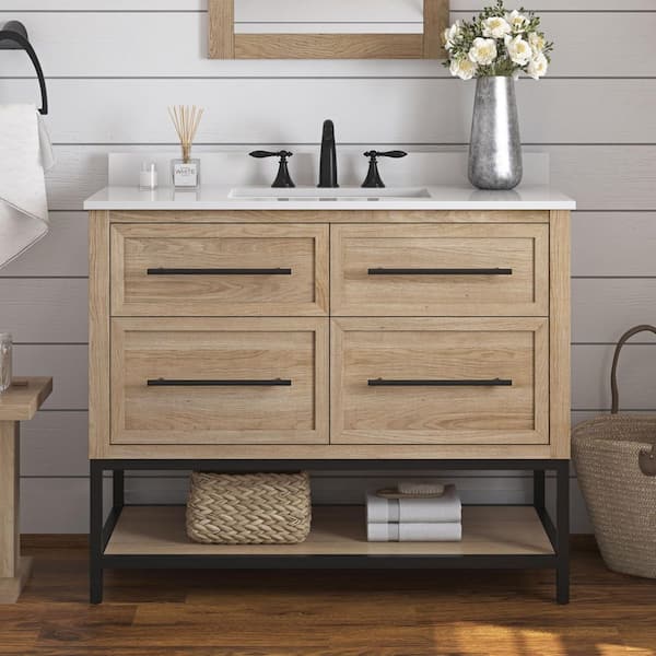 Corley 42 in. Single Sink Weathered Tan Bath Vanity with White Engineered Stone Top (Assembled)