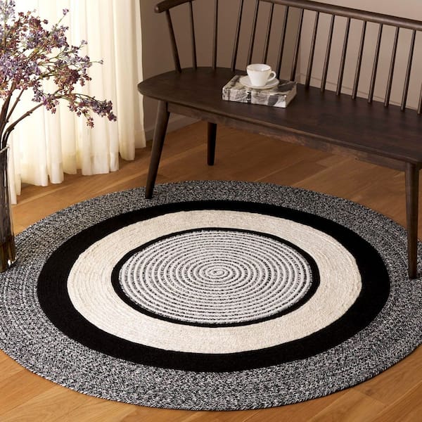 Braided 3 ft. x 3 ft. Round Black/Ivory Farmhouse Braided Rings Area Rug