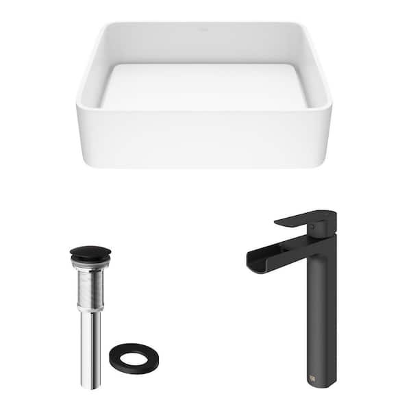 Vigo VGT995 Jasmine Matte Stone Vessel Bathroom Sink Set with Olus Wall Mount Faucet in Matte Black