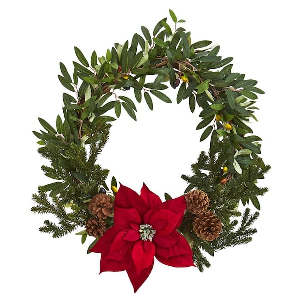 Nearly Natural 20in. Olive with Poinsettia Artificial Wreath