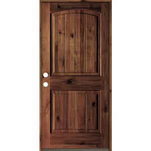 30 in. x 80 in. Rustic Knotty Alder Arch Top V-Grooved Red Mahogony Stain Right-Hand Wood Single Prehung Front Door