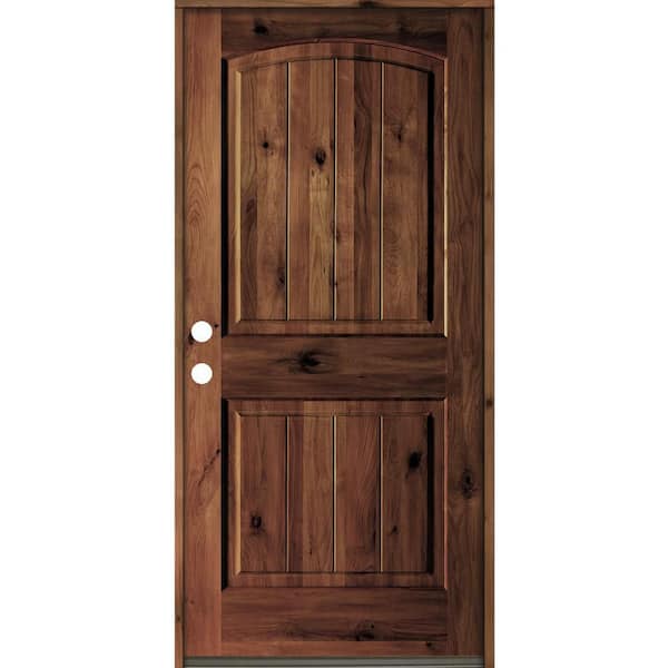Krosswood Doors 36 in. x 80 in. Rustic Knotty Alder Arch Top V-Grooved Red Mahogany Stain Right-Hand Wood Single Prehung Front Door