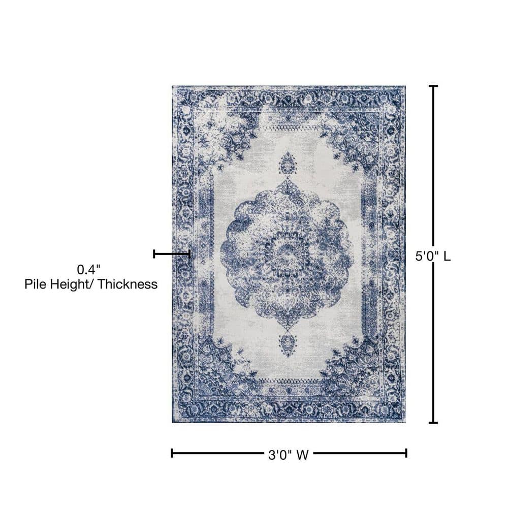 Handmade Rectangular Dark Blue/Ivory Synthetic Area Rug