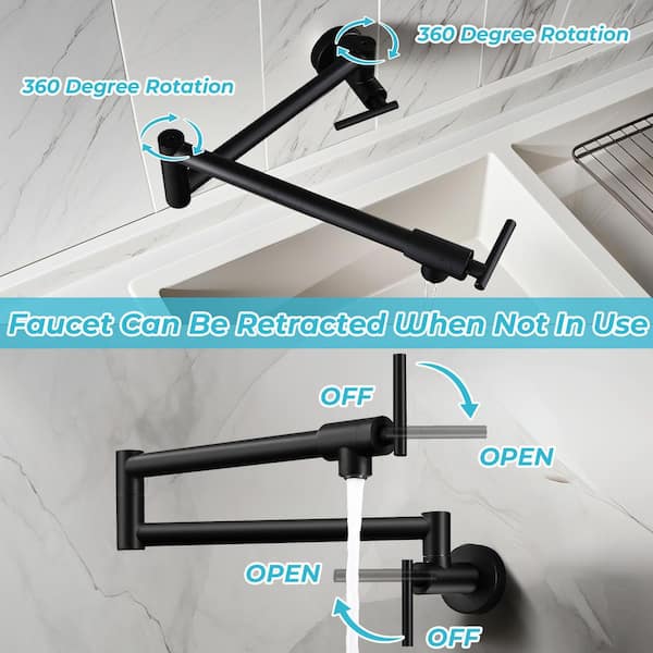 Restaurant Wall Mount Pot Filler Faucet Double Handle in Matte Black