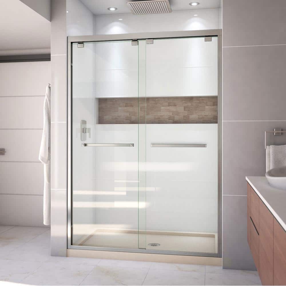 Encore 32 in. D x 54 in. W x 78.75 in. H Semi-Frameless Sliding Shower Door in Brushed Nickel with Biscuit Base price history on PriceWatchPro