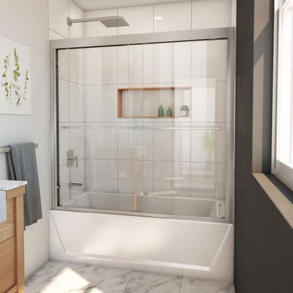 DreamLine Duet Plus 55- 59 in. W x 58 in. H Sliding Semi Frameless Tub Door in Brushed Nickel