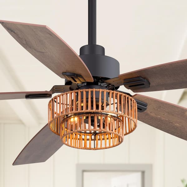 Camacho 52 in. 2-Light Indoor Black Farmhouse Ceiling Fan with Rattan Light Kit and Remote Included