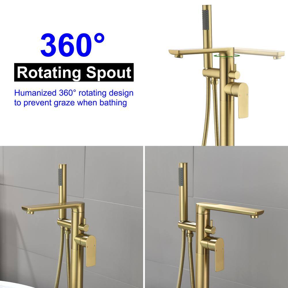 Brushed Gold Freestanding Tub Filler Faucet with Handheld Shower