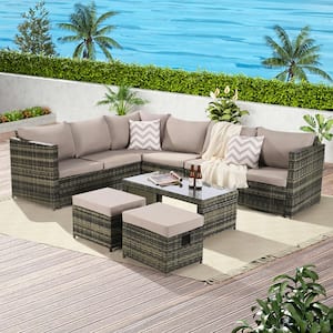 7-Piece Patio PE Wicker Rattan Outdoor Sectional Sofa Set with Coffee Table, Footstool and Light Gray Cushions
