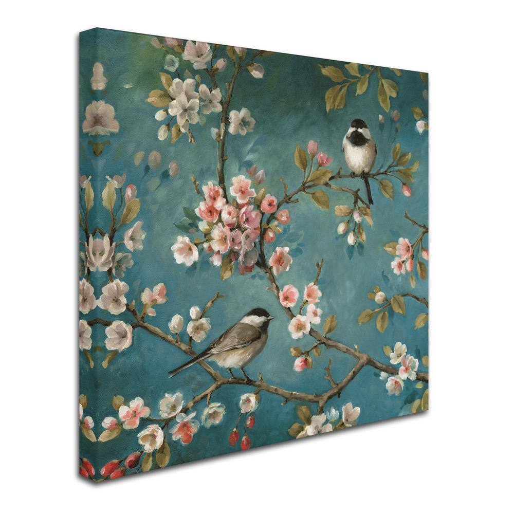 Blossom I Crop Floral Canvas Painting in Blue and Pink