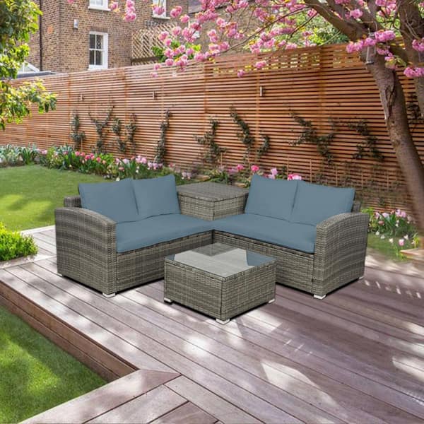 Tunearary Gray 4-Piece Wicker Outdoor Patio Sectional Set with Cushions, Table and Storage Box