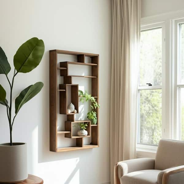 24 in. x 5 in. Brown Wood Geometric Multi-tier Decorative Wall Shelf