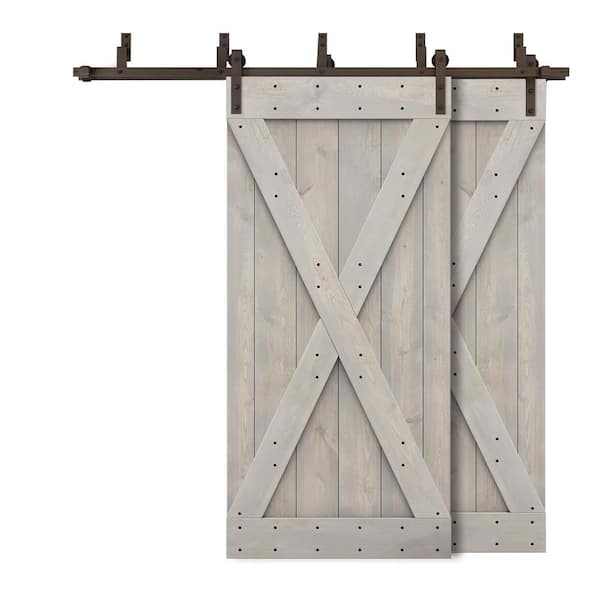 CALHOME 56 in. x 84 in. X Bypass Silver Gray Stained DIY Solid Wood Interior Double Sliding Barn Door with Hardware Kit