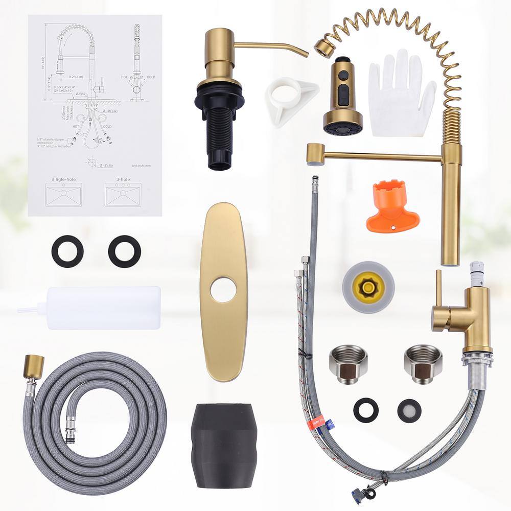 Brushed Gold Stainless Steel Pull Down Kitchen Faucet with Soap Dispenser
