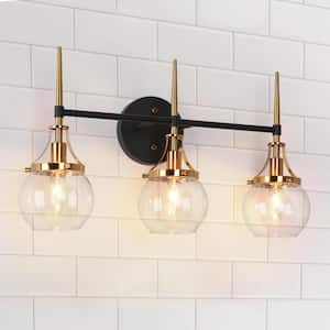 Capensis Mid-Century Modern 21.5 in. 3-Light Brass and Black Vanity Light with Clear Globe Glass Shade