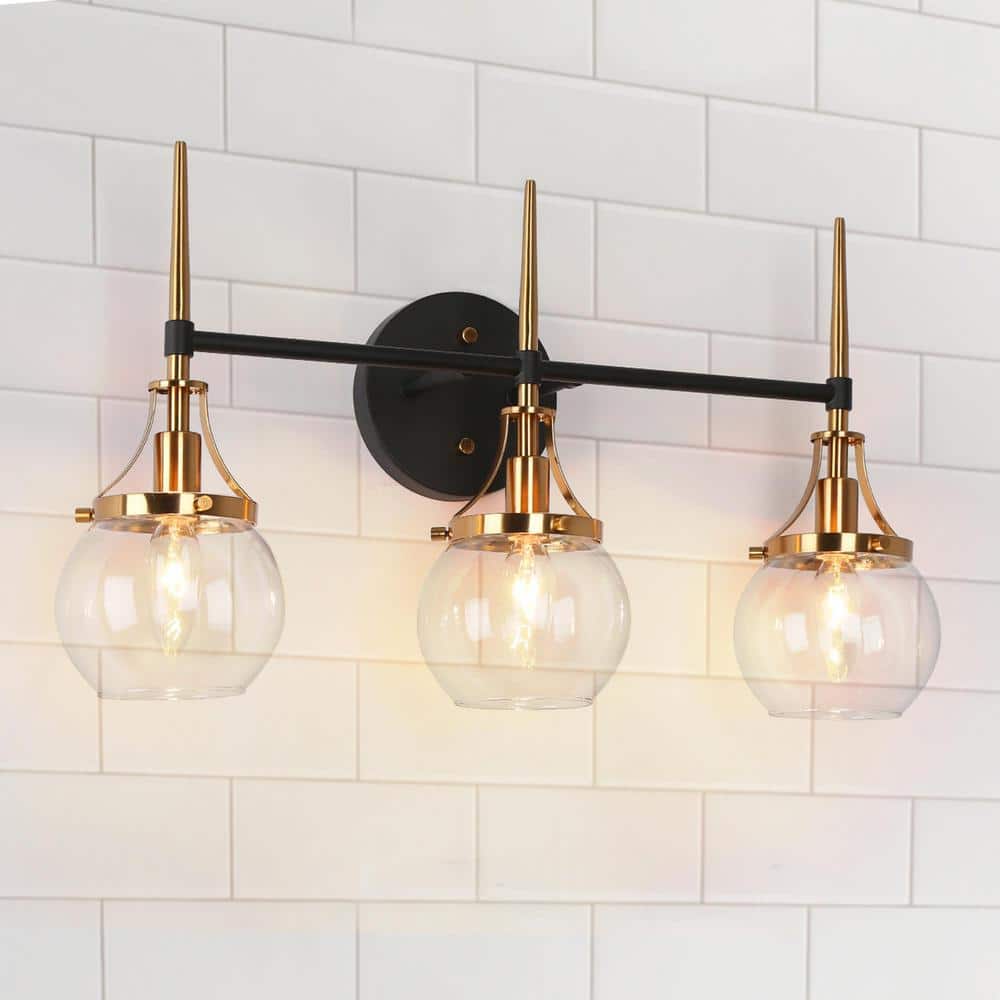 Orbline Mid-Century Modern 21.5 in. 3-Light Brass and Black Vanity Light with Clear Globe Glass Shade Bath Wall Light price history on PriceWatchPro