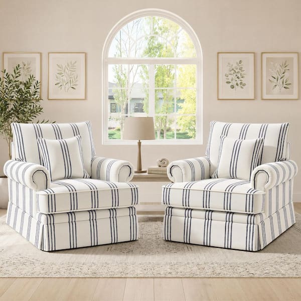 Mercury Blue Stripe Fabric Club Chair Set of 2 with Swivel Base, Rolled Arms and Lumbar Pillow
