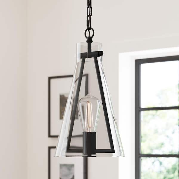 Nathan James Olton Black Modern Pendant Light with Glass Shade, Farmhouse Hanging Light Fixture with Adjustable Chain for Kitchen