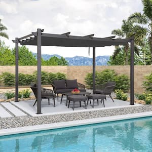 10 ft. x 12 ft. Gray Outdoor Retractable Modern Yard Metal Grape Trellis Pergola w Canopy for Garden Grill - Gray