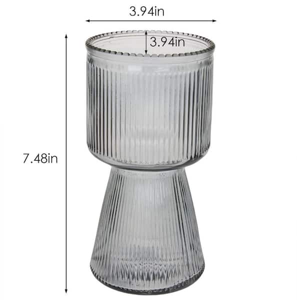 Ribbed Glass Vase with Pedestal Base – Small Bud Vase for Flowers, Round Home Decor – 7.48 in. H Vase in Gray