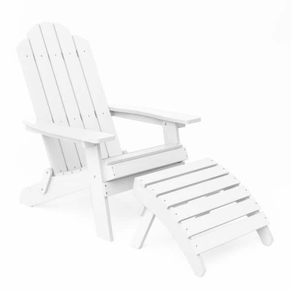 Mximu White Plastic Outdoor Patio Folding Adirondack Chair with Ottoman