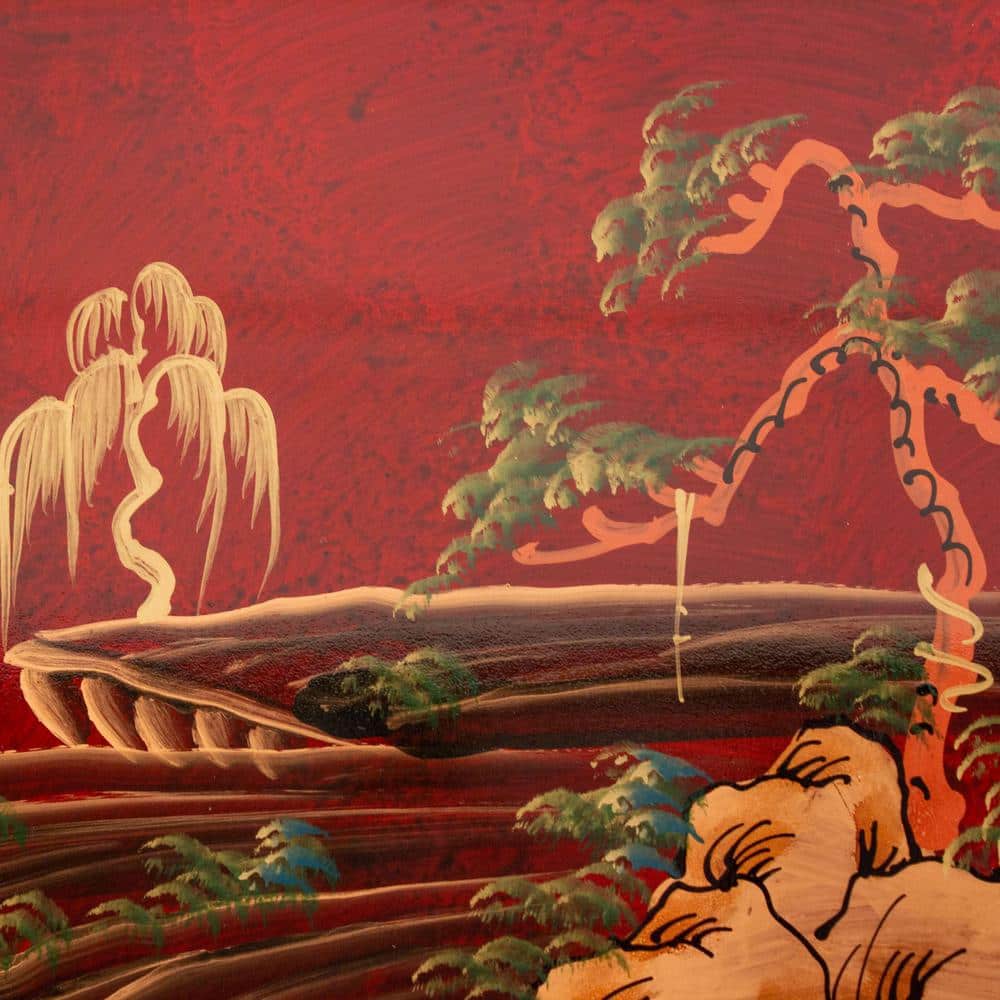 Red Lacquer Hand-Painted Landscape Solid Wood Accent Cabinet