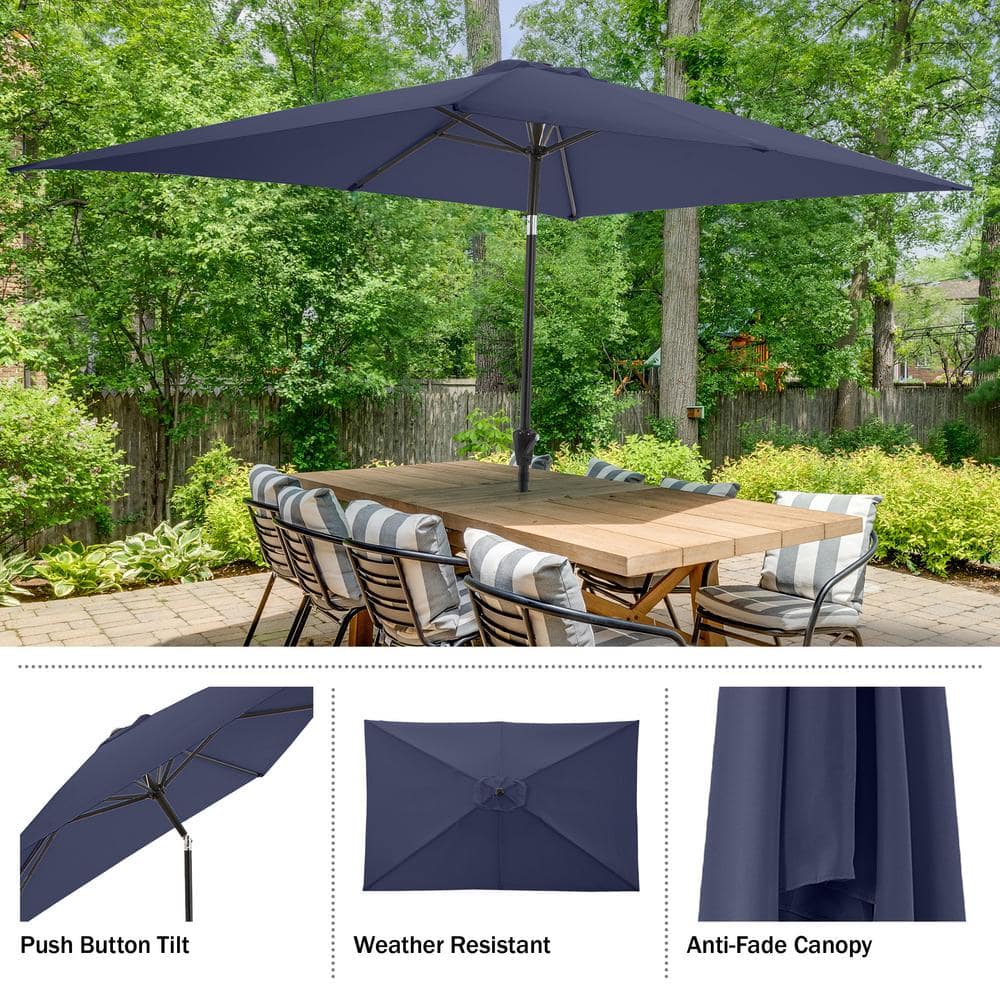 Navy Blue Rectangular Steel Patio Umbrella with Crank and Tilt