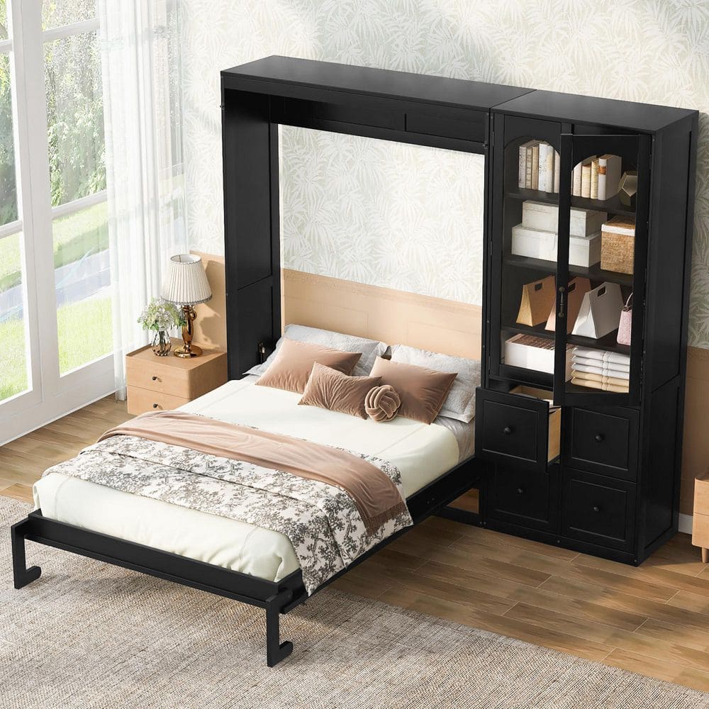 Black Wood Frame Queen Size Murphy Bed with Reversible Left-Right Side Acrylic Glass Door Cabinet, 4 Drawers price history on PriceWatchPro