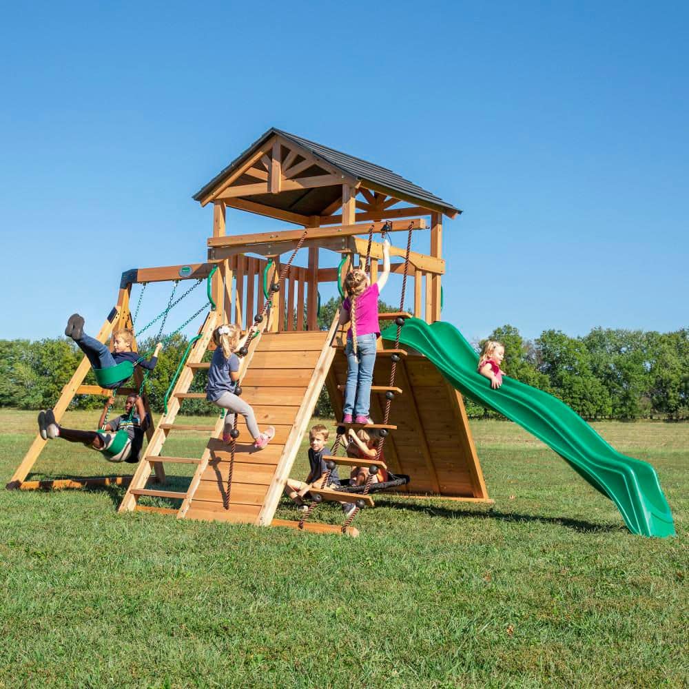 Endeavor Outdoor Playground Playset w Elevated Clubhouse Climbing Wall Web Swing Green Wave Slide-Professional Assembly price history on PriceWatchPro