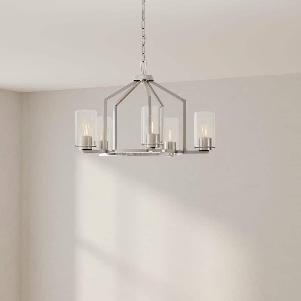 Brushed Nickel 5-Light Geometric Chandelier with Clear Glass Shades