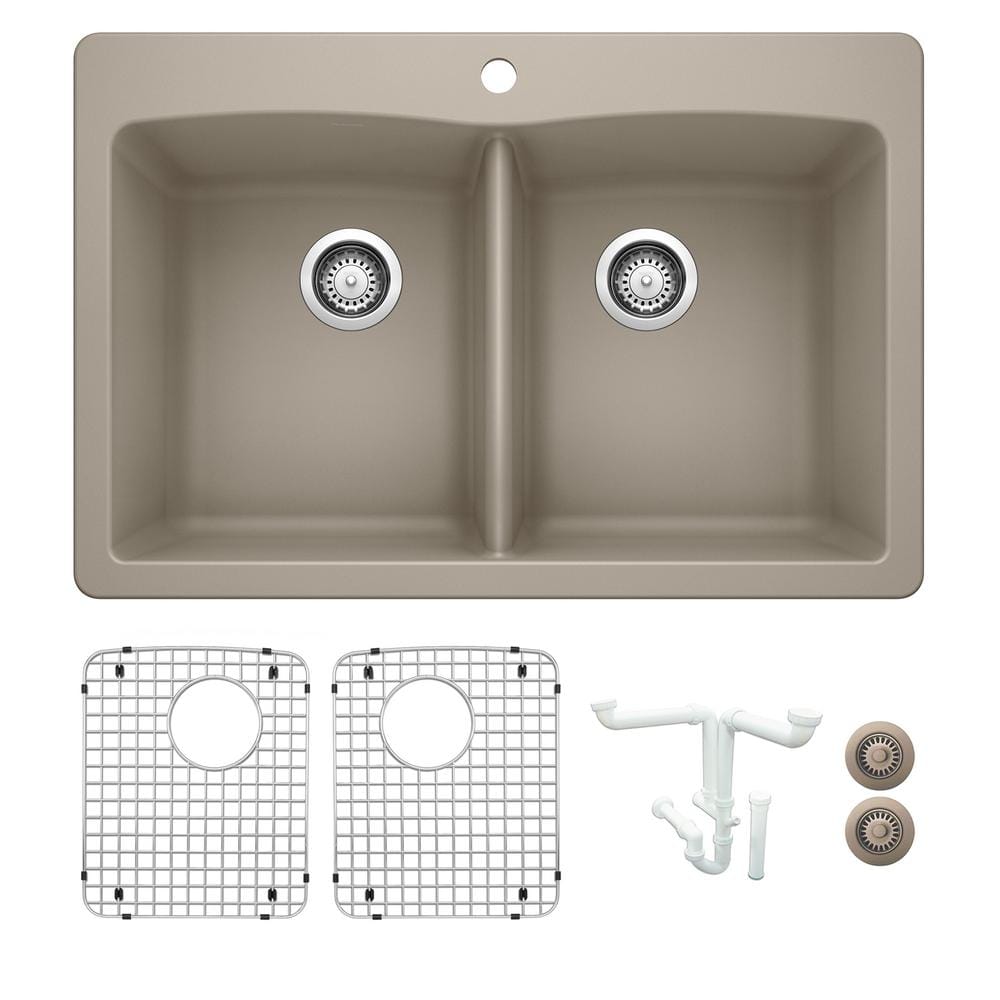 Diamond 33 in. Drop-in/Undermount Double Bowl Truffle Granite Composite Kit
